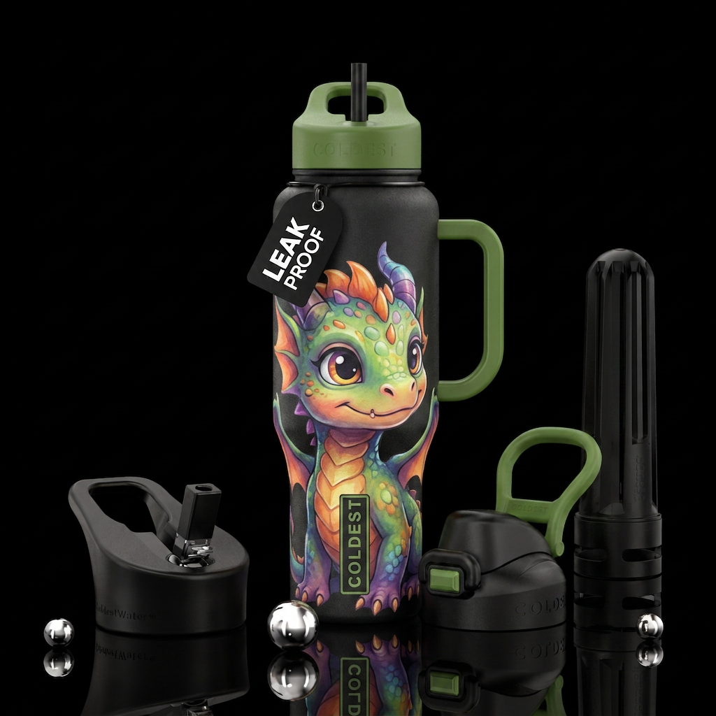 A single whimsical baby dragon with big eyes water bottle design