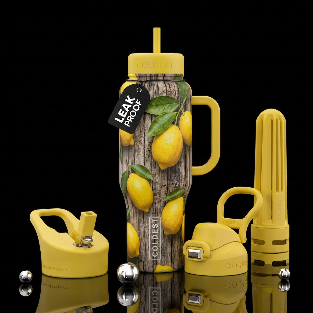 Lemons with leaves and bark background water bottle design