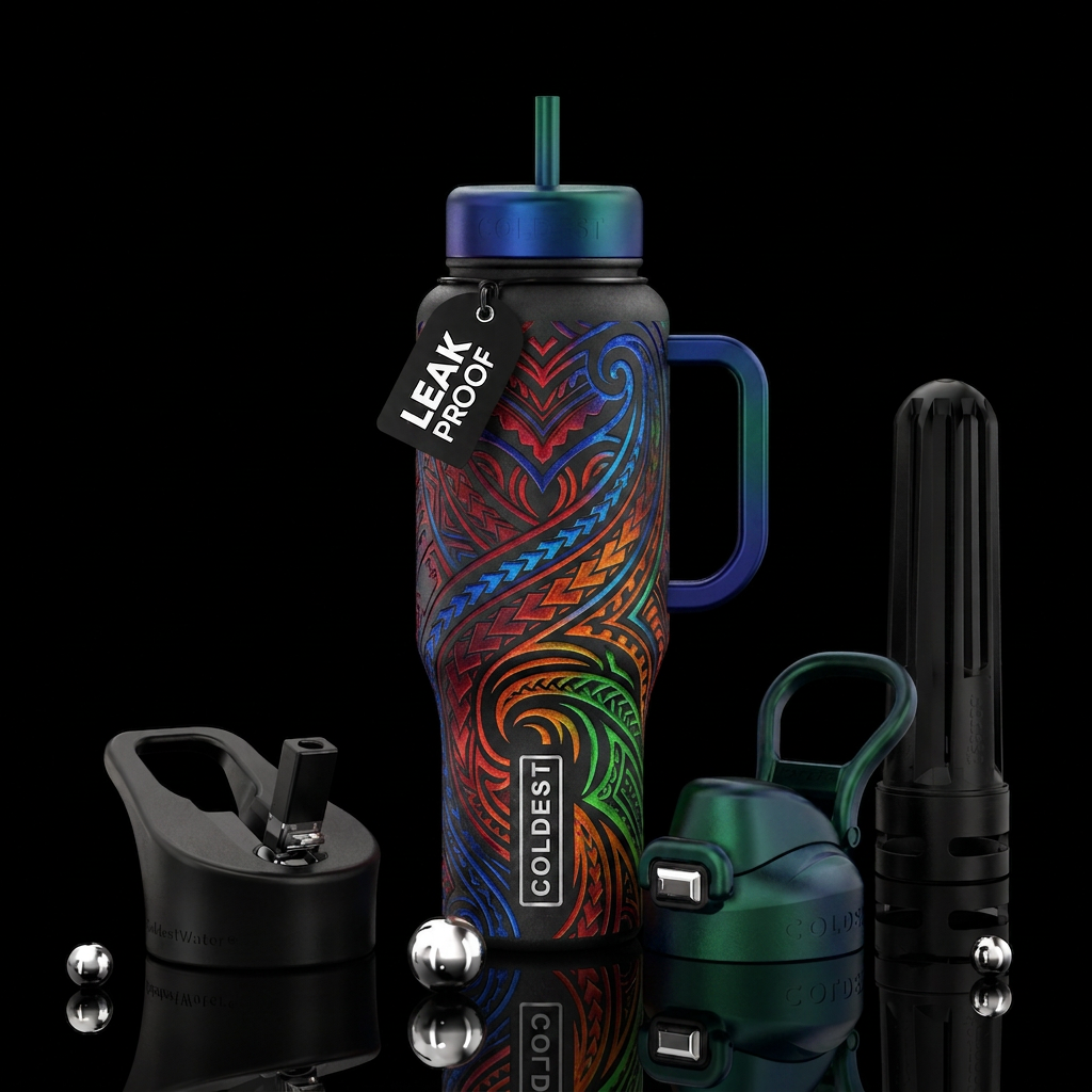 Tribal tattoo etched water bottle design