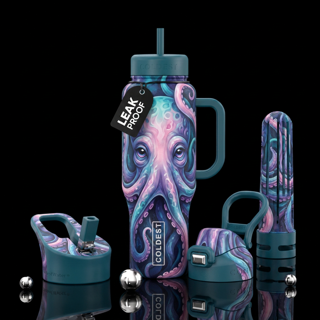 Feminine octopus elegant tentacles big sad eyes water bottle design