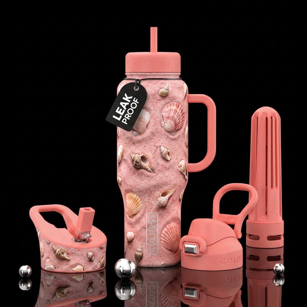 Pink sand with shells water bottle design