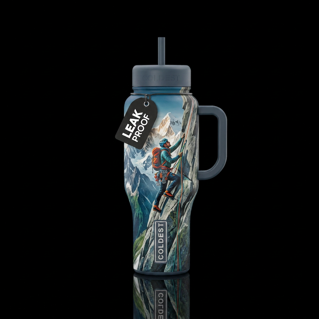 Climbing steep mountain peaks for thrills water bottle design