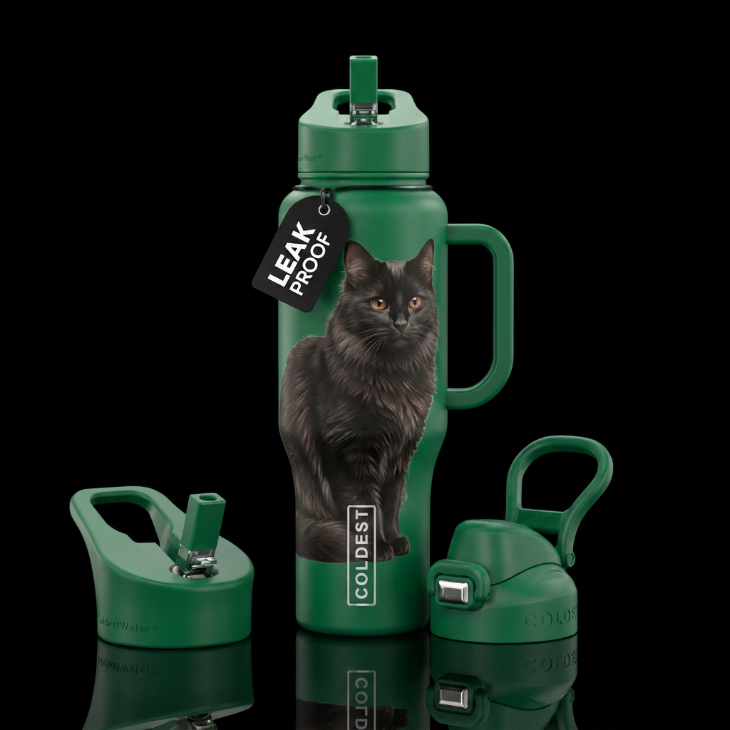 Emerald green bottle with a medium hair shiny blac... water bottle design