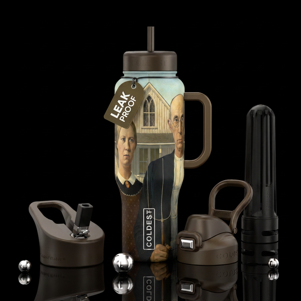American Gothic painting water bottle design