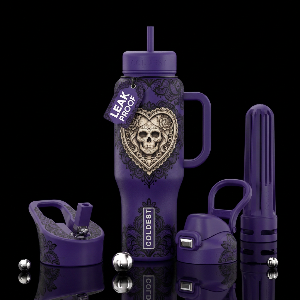 Royal purple background with a dainty black lace f... water bottle design