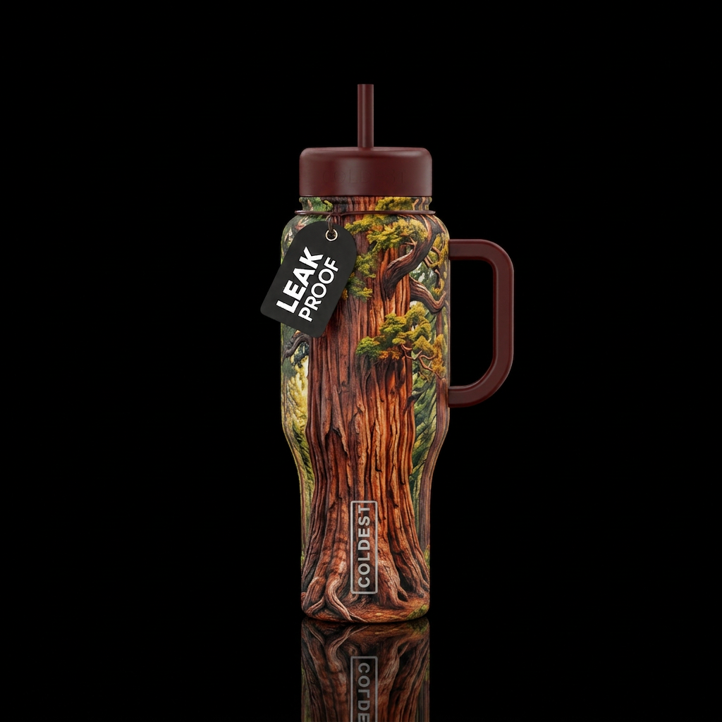 A giant redwood tree water bottle design