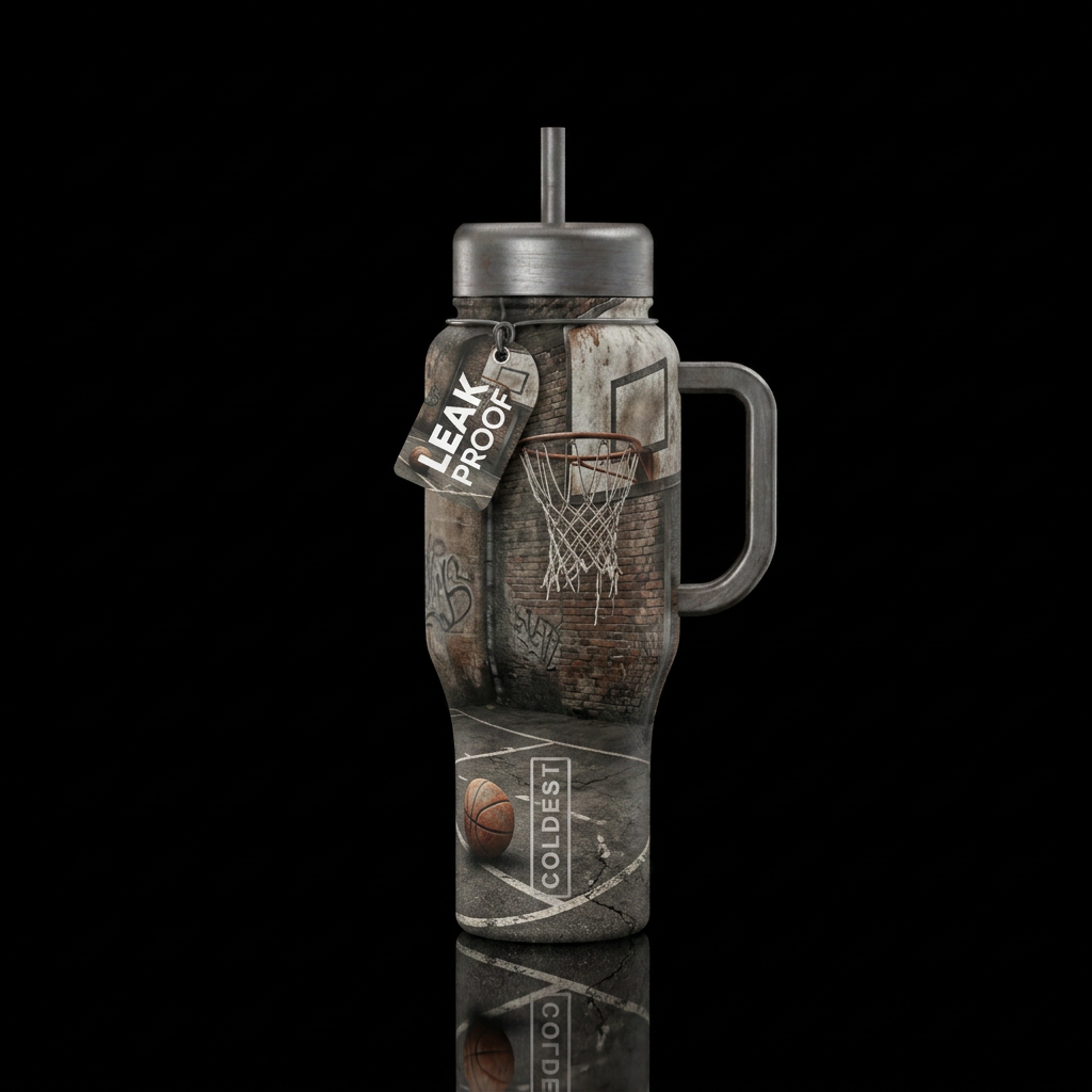 gritty city basketball court with a basketball hoo... water bottle design