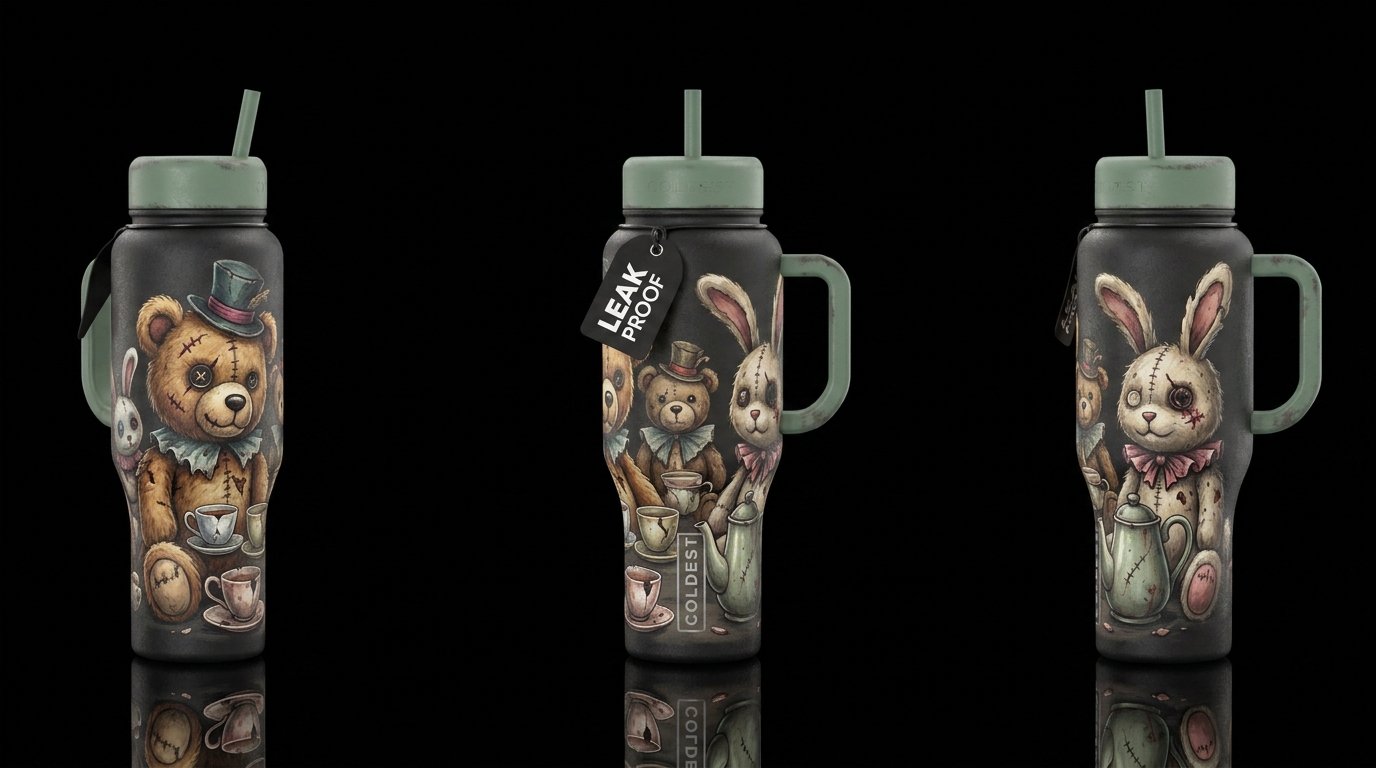 Macabre tea party for dingy stuffed animals water bottle design