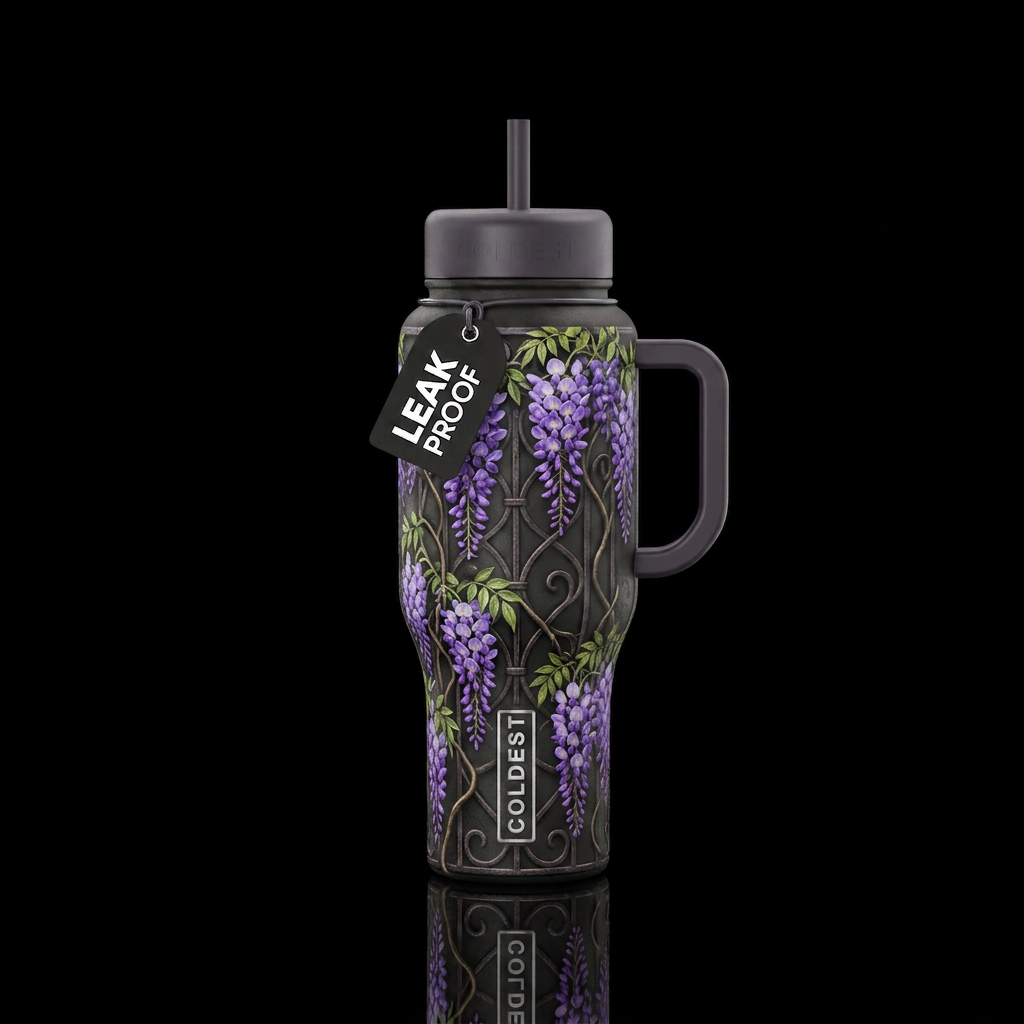 Blooming wisteria vines hanging off of a wrought i... water bottle design