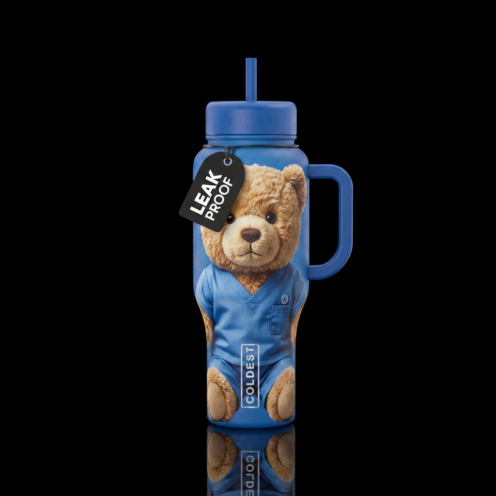 A teddy bear wearing scrubs water bottle design