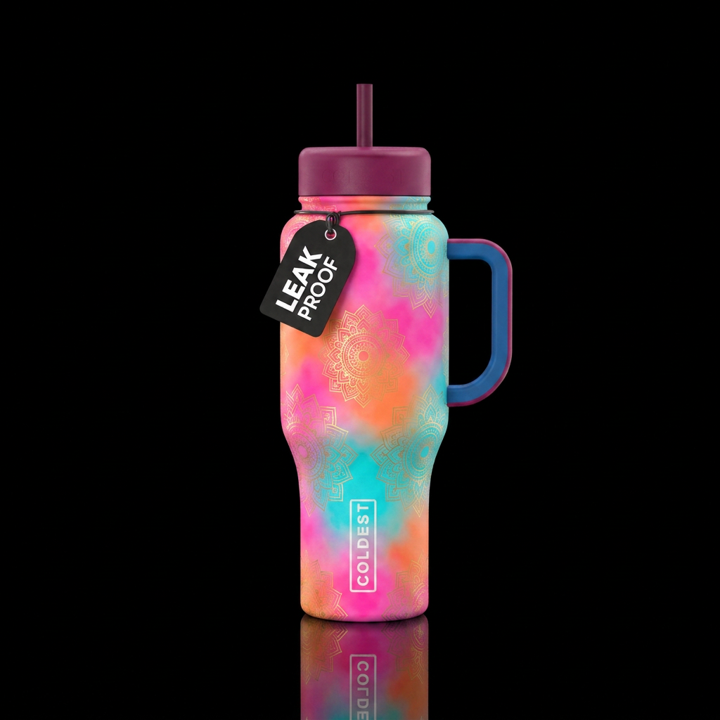 Bright pink, orange and turquoise hazy background ... water bottle design