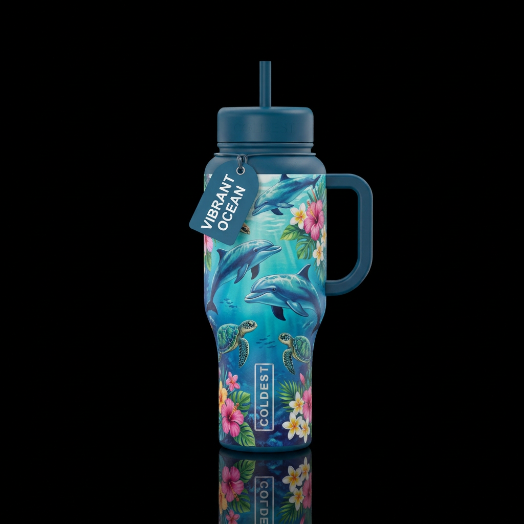 ocean, beautiul, tropical flowers, dolphins, sea t... water bottle design