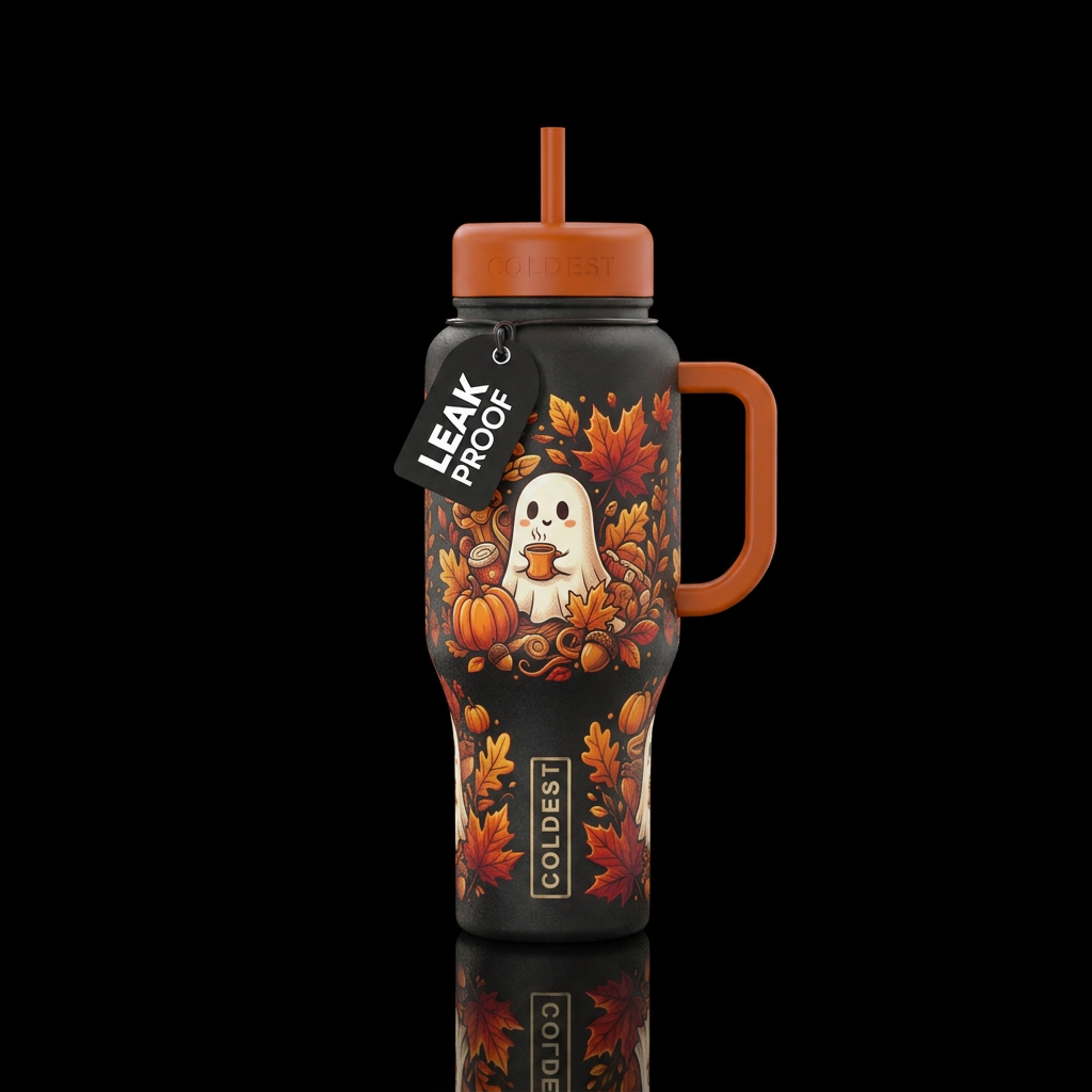 Cozy fall vibes, cute ghost water bottle design