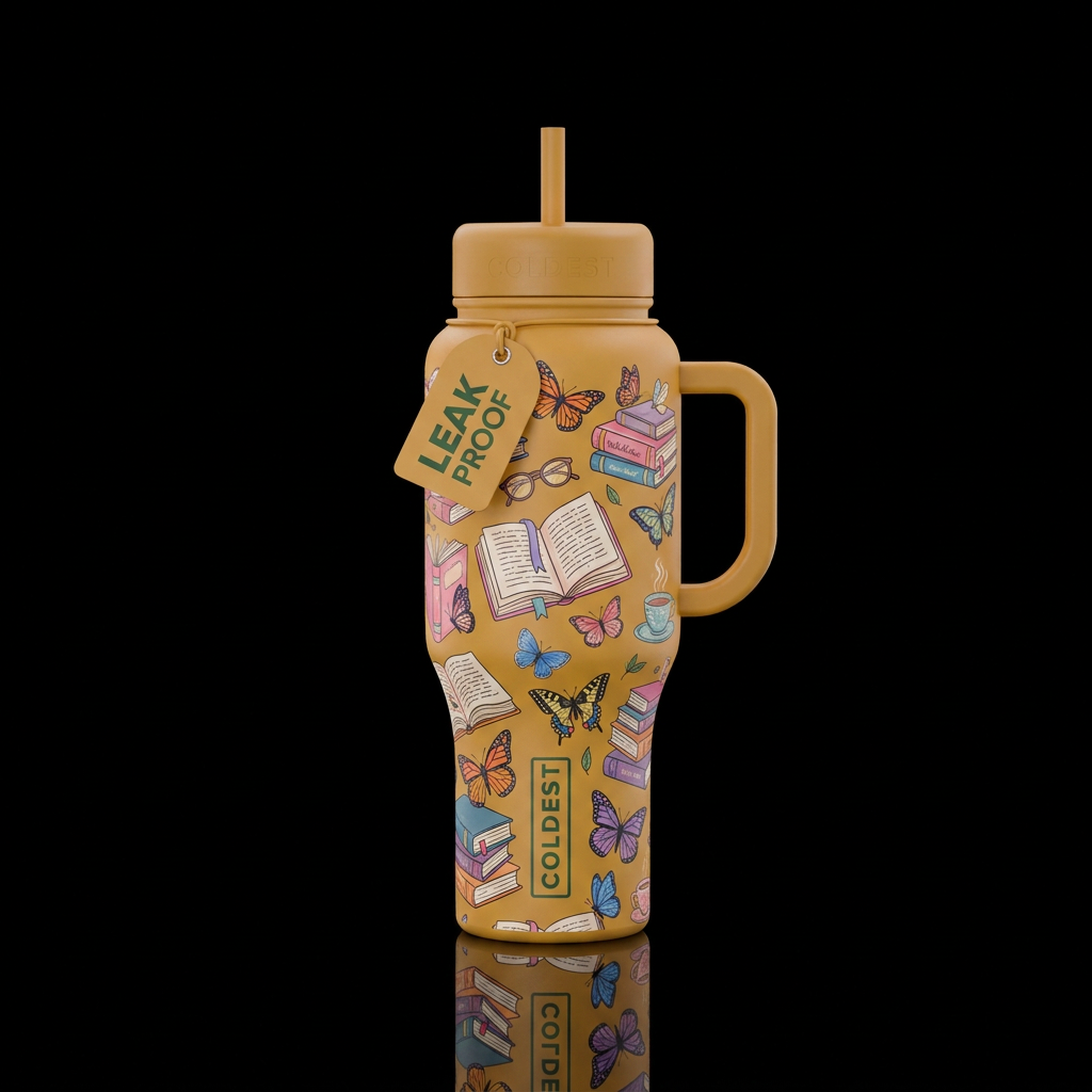 Books, reading, butterflies, cozy water bottle design
