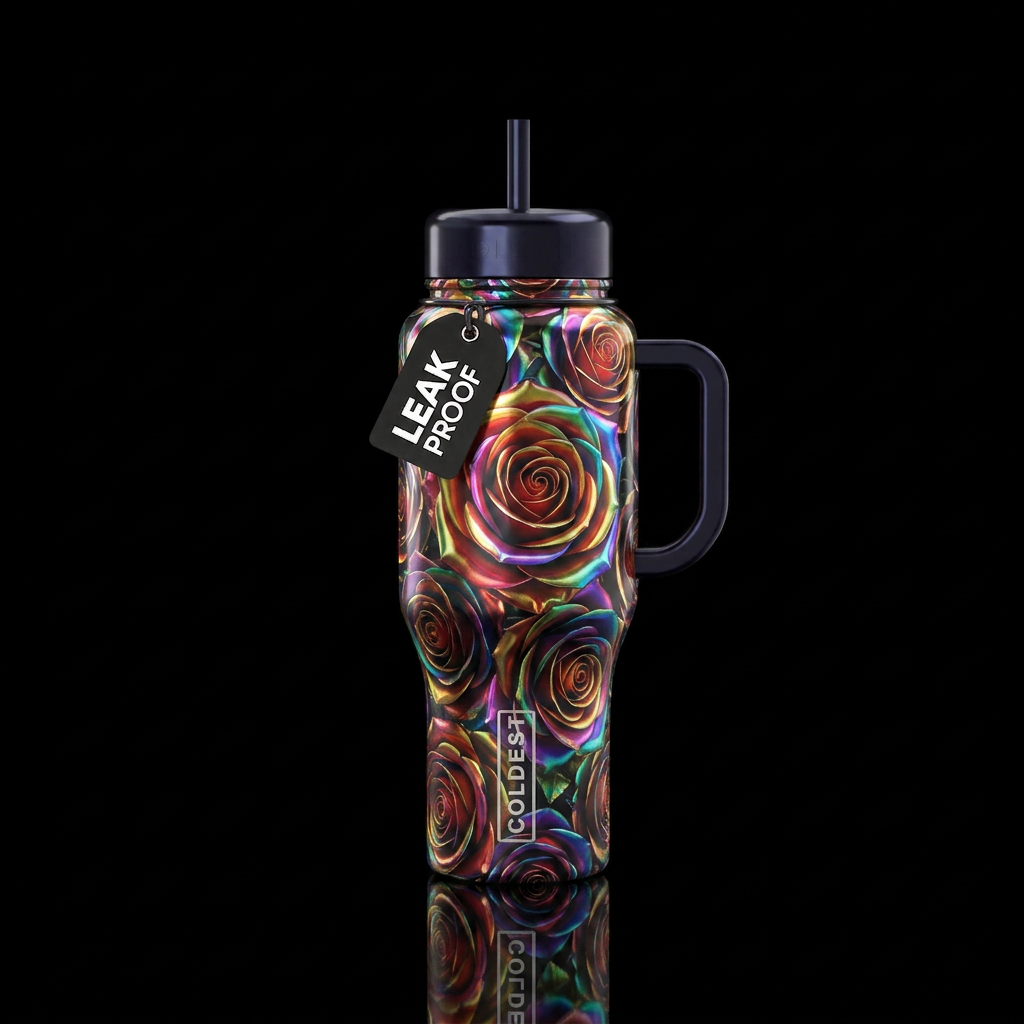 Rainbow metallic roses water bottle design