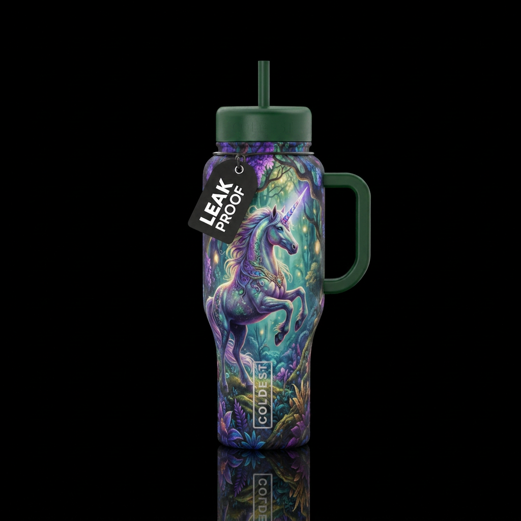Majestic forest unicorn water bottle design