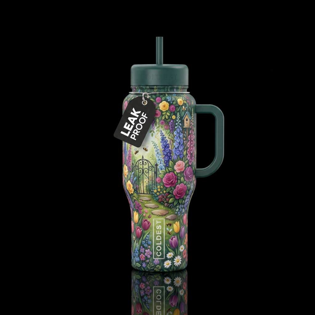 Whimsical european garden water bottle design