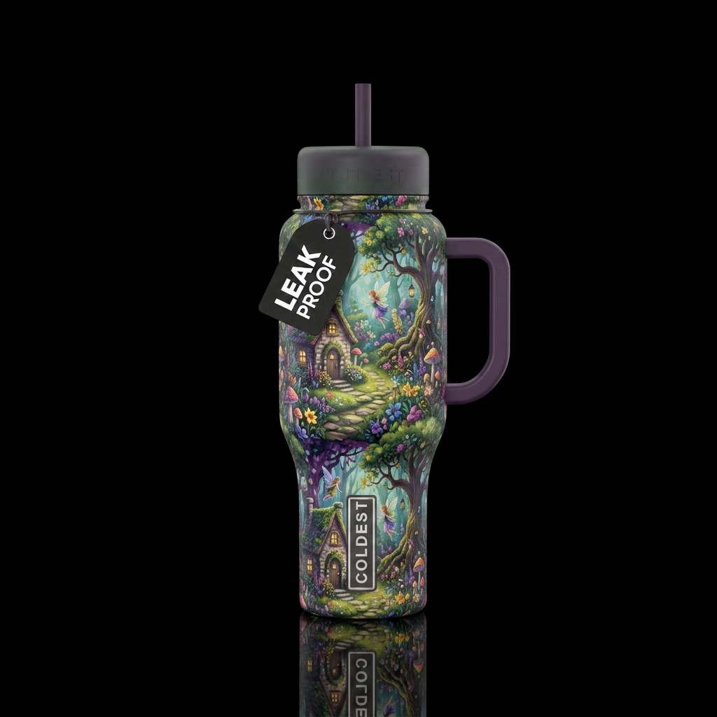 Whimsical european fairy garden water bottle design