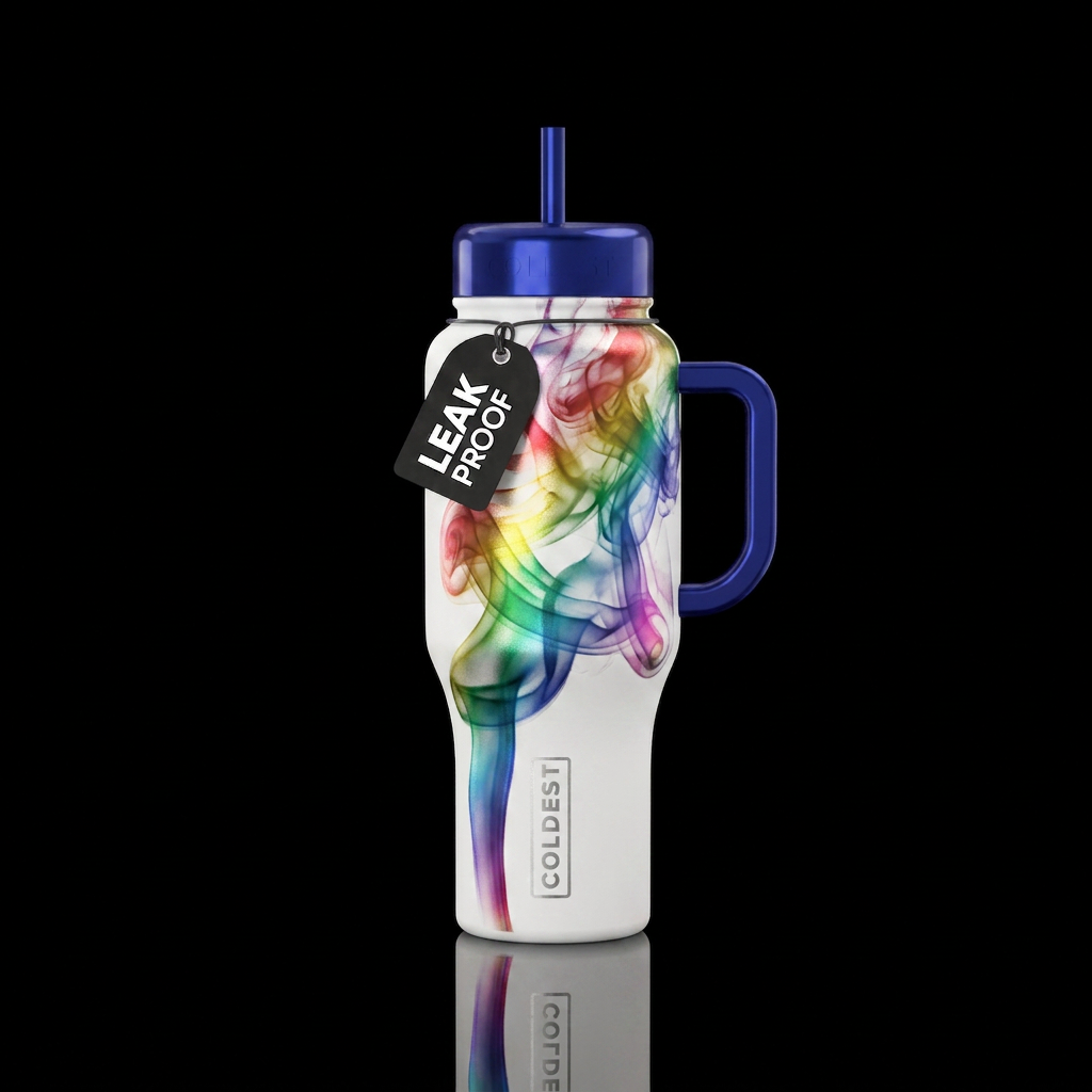 Metallic rainbow smoke on a white background water bottle design