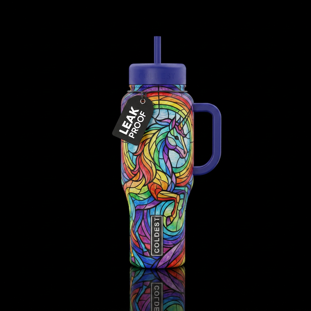 Stained glass rainbow unicorn water bottle design