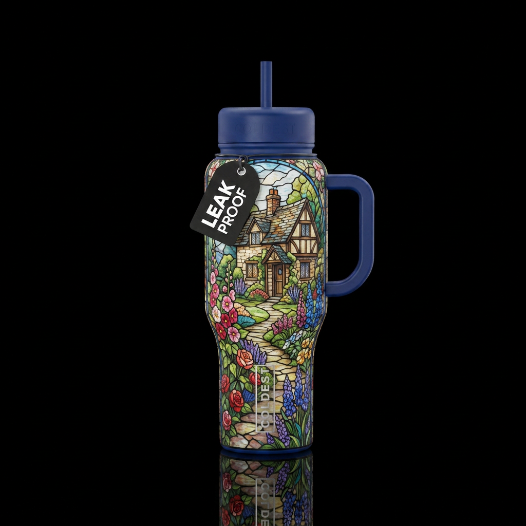 Stained glass English cottage garden water bottle design
