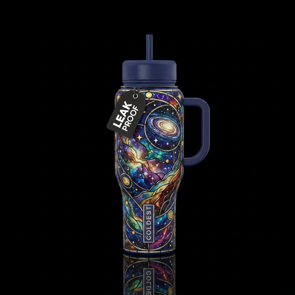 Stained glass cosmic wonder water bottle design
