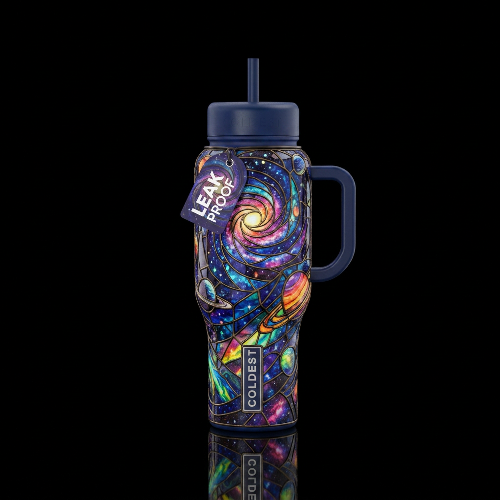 Stained glass cosmic wonder water bottle design