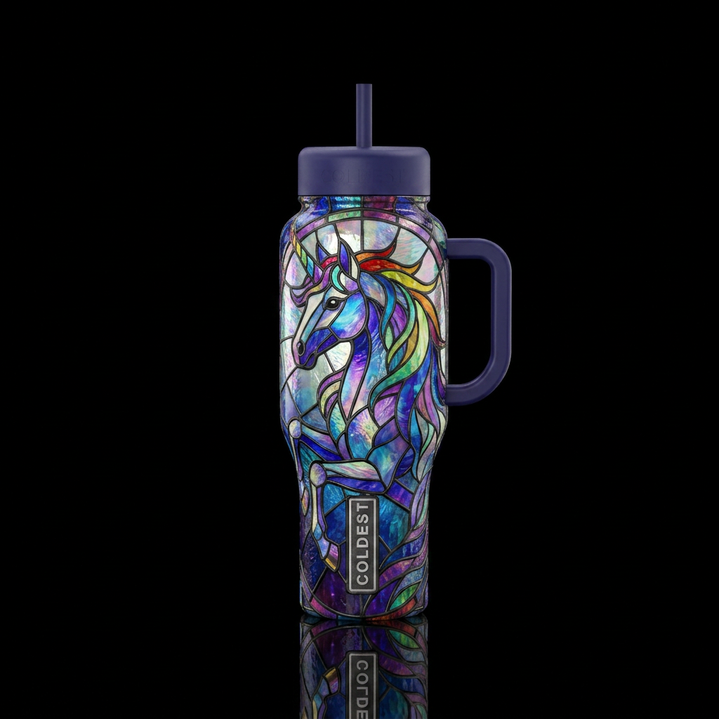Stained glass rainbow unicorn water bottle design