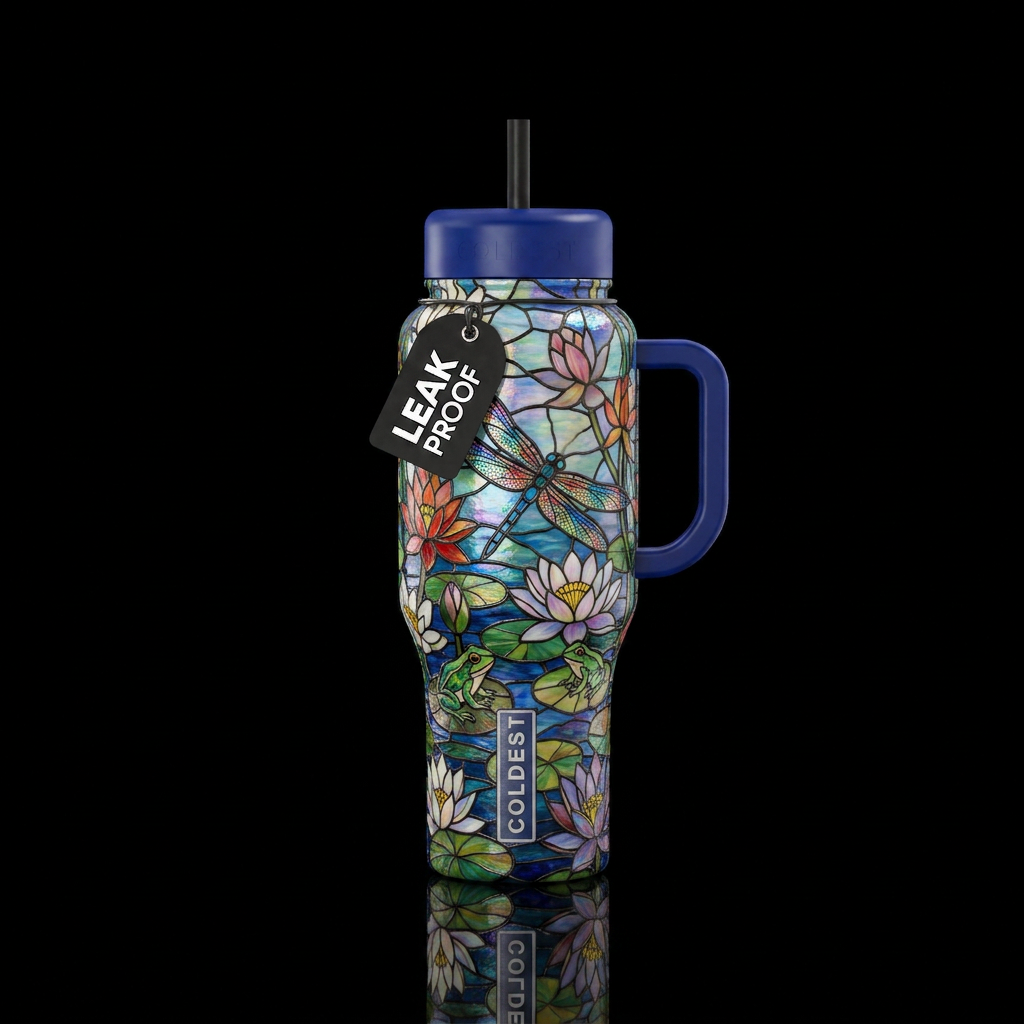 Stained glass pond with water lilies , flowers, fr... water bottle design