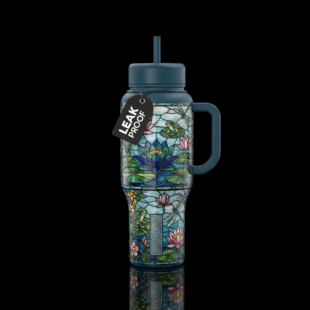 Stained glass pond with water lilies , flowers, fr... water bottle design