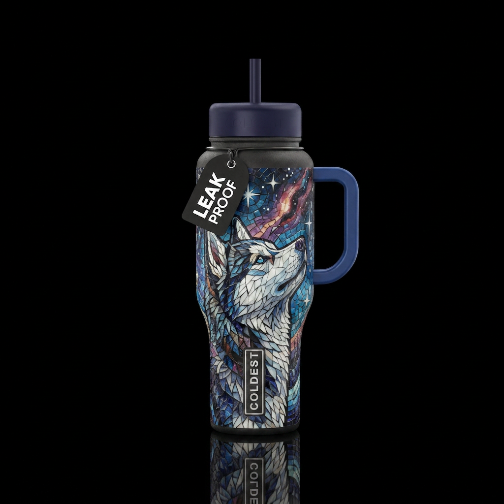 Mosaic siberian husky under an arctic cosmic sky water bottle design