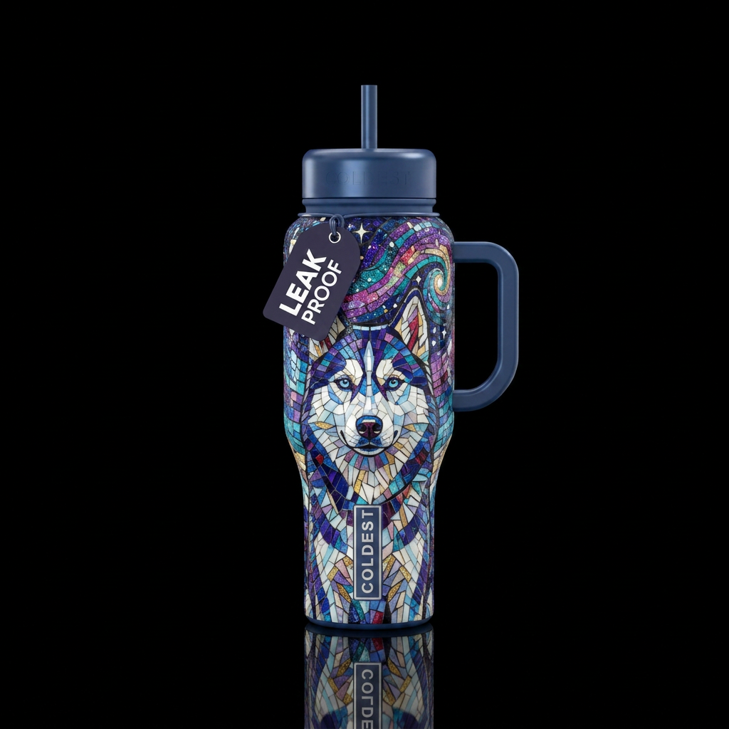 Mosaic siberian husky under an arctic cosmic sky water bottle design