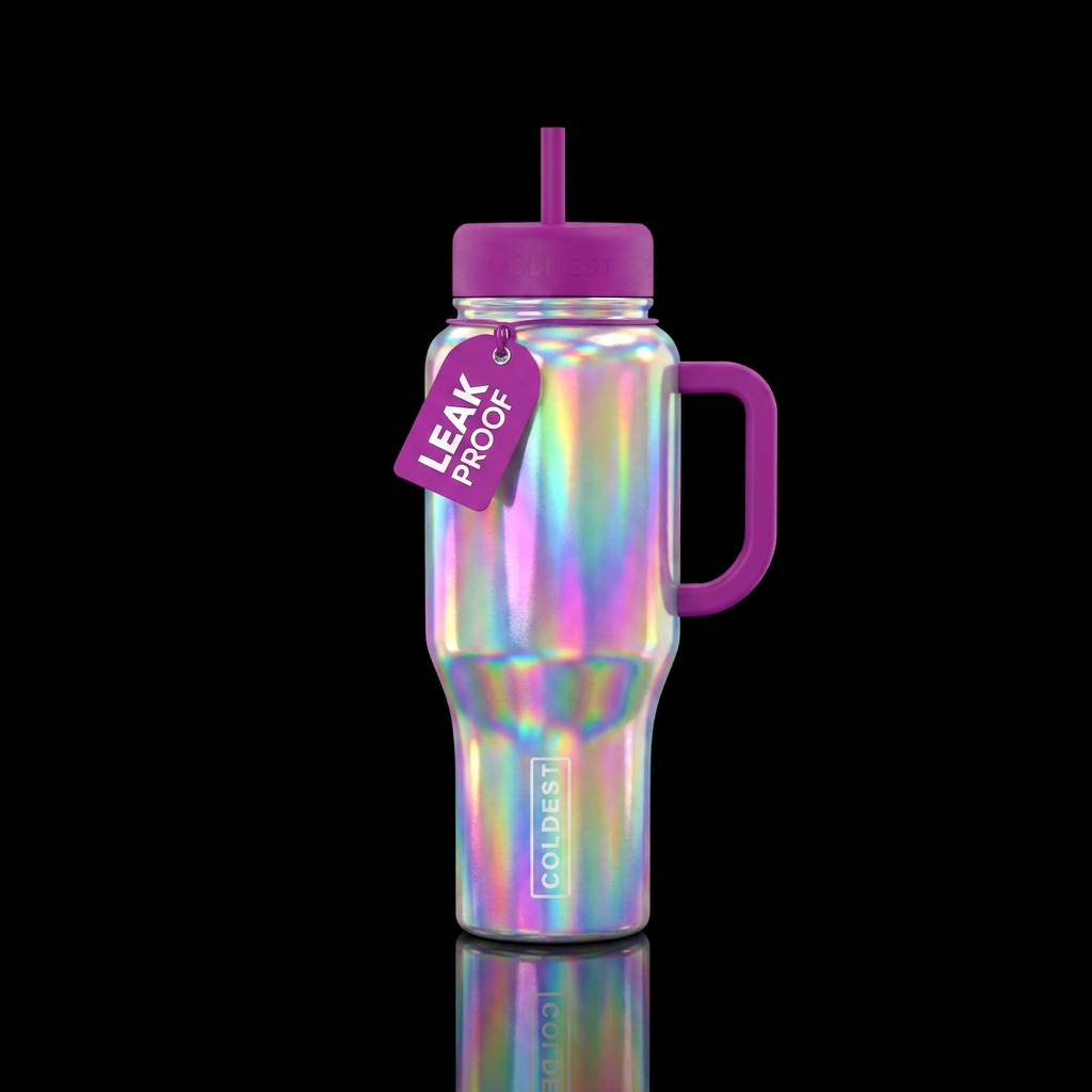 Holographic rainbow water bottle design