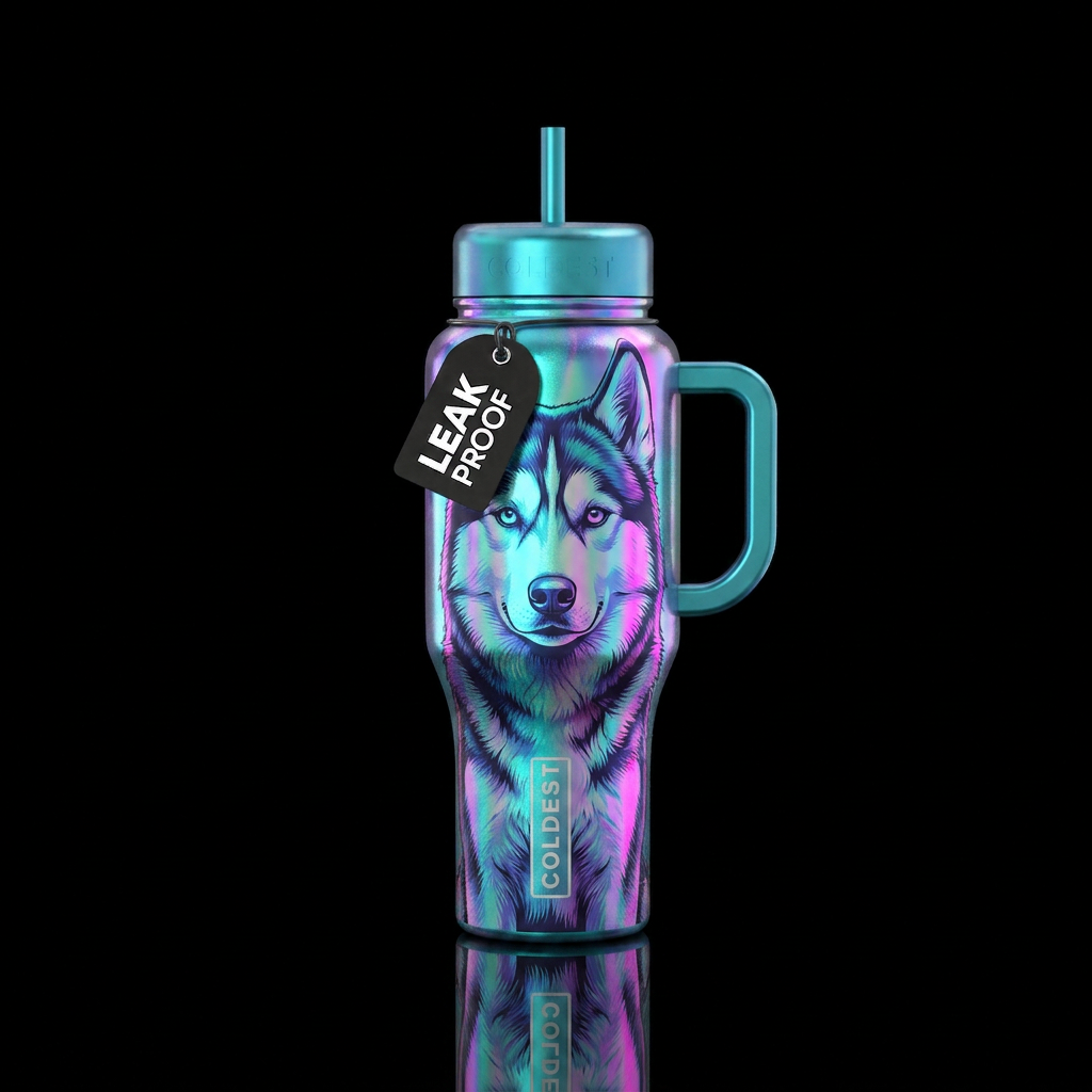 Holographic Siberian Husky water bottle design