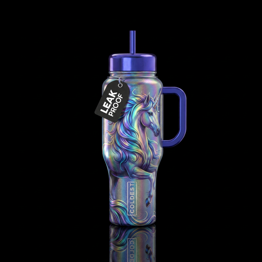 Holographic mystical unicorn water bottle design