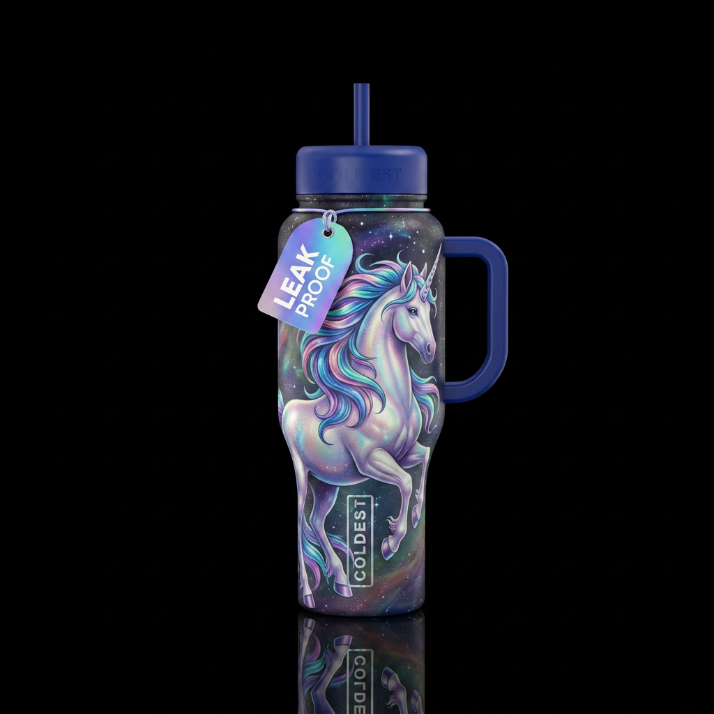 Holographic mystical unicorn water bottle design