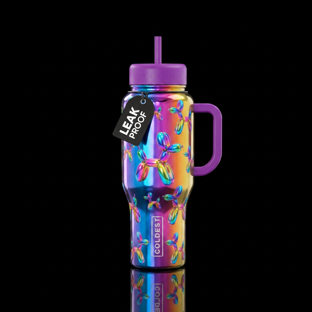 Rainbow chrome ballon dogs water bottle design