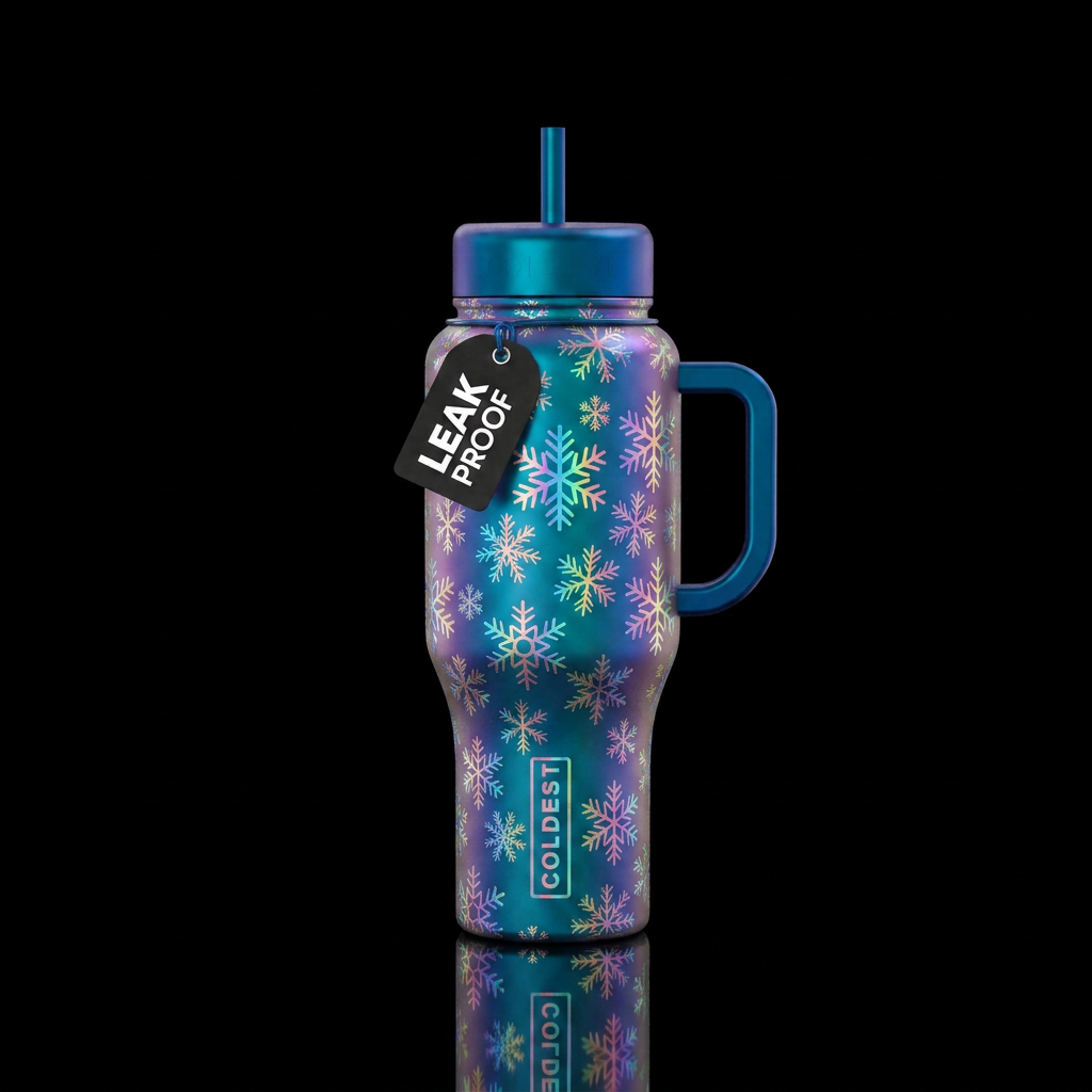Rainbow holographic snowflakes water bottle design