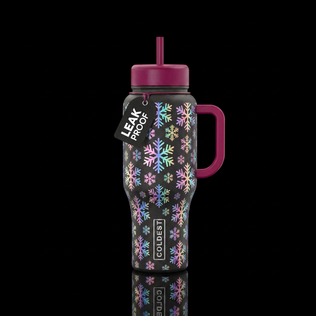 Rainbow holographic snowflakes water bottle design