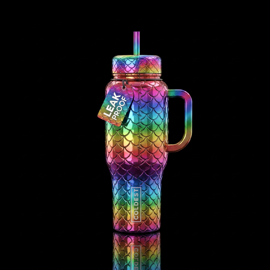 Chrome rainbow dragon scales water bottle design