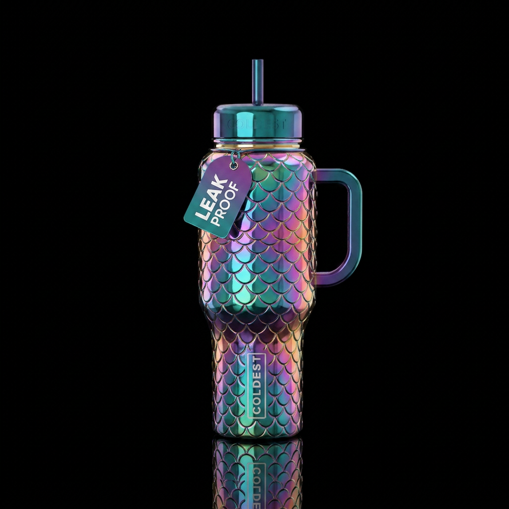 Chrome rainbow dragon scales water bottle design