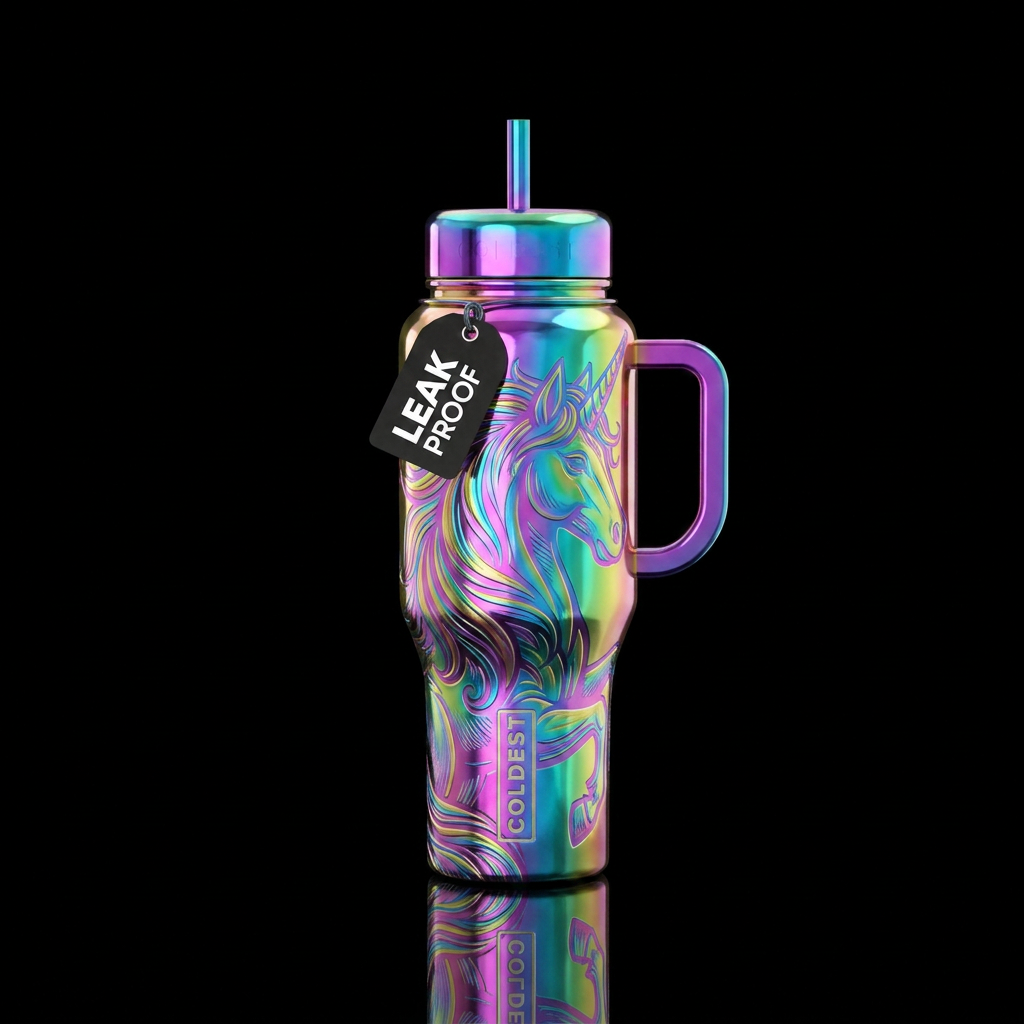 Chrome rainbow mystical unicorn water bottle design