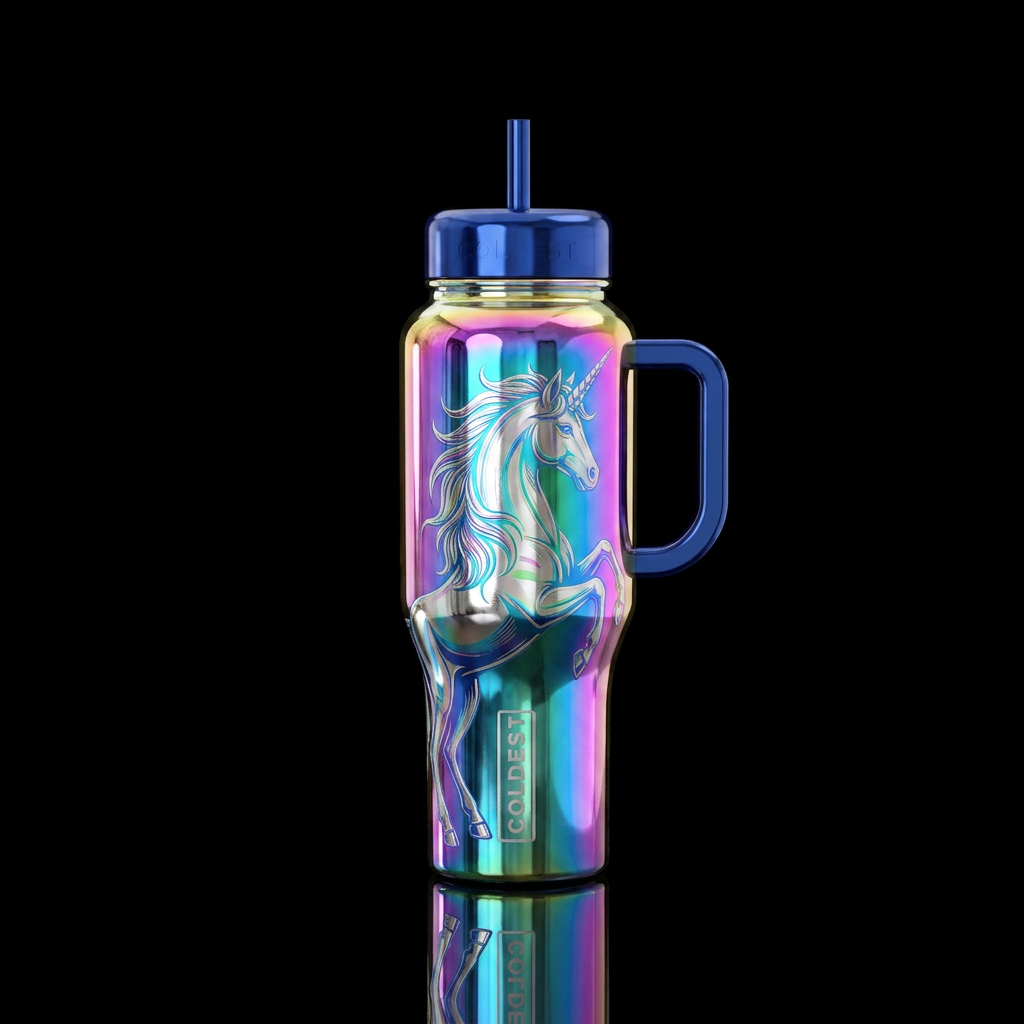 Chrome rainbow mystical unicorn water bottle design