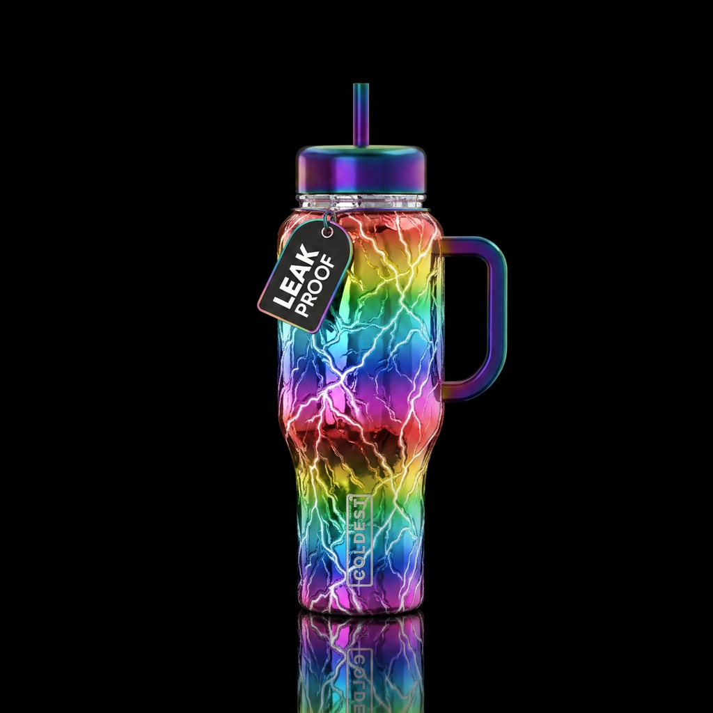 Chrome rainbow lightning water bottle design