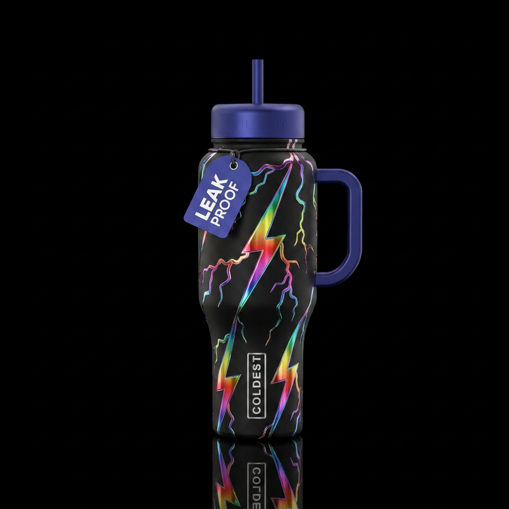Chrome rainbow lightning water bottle design