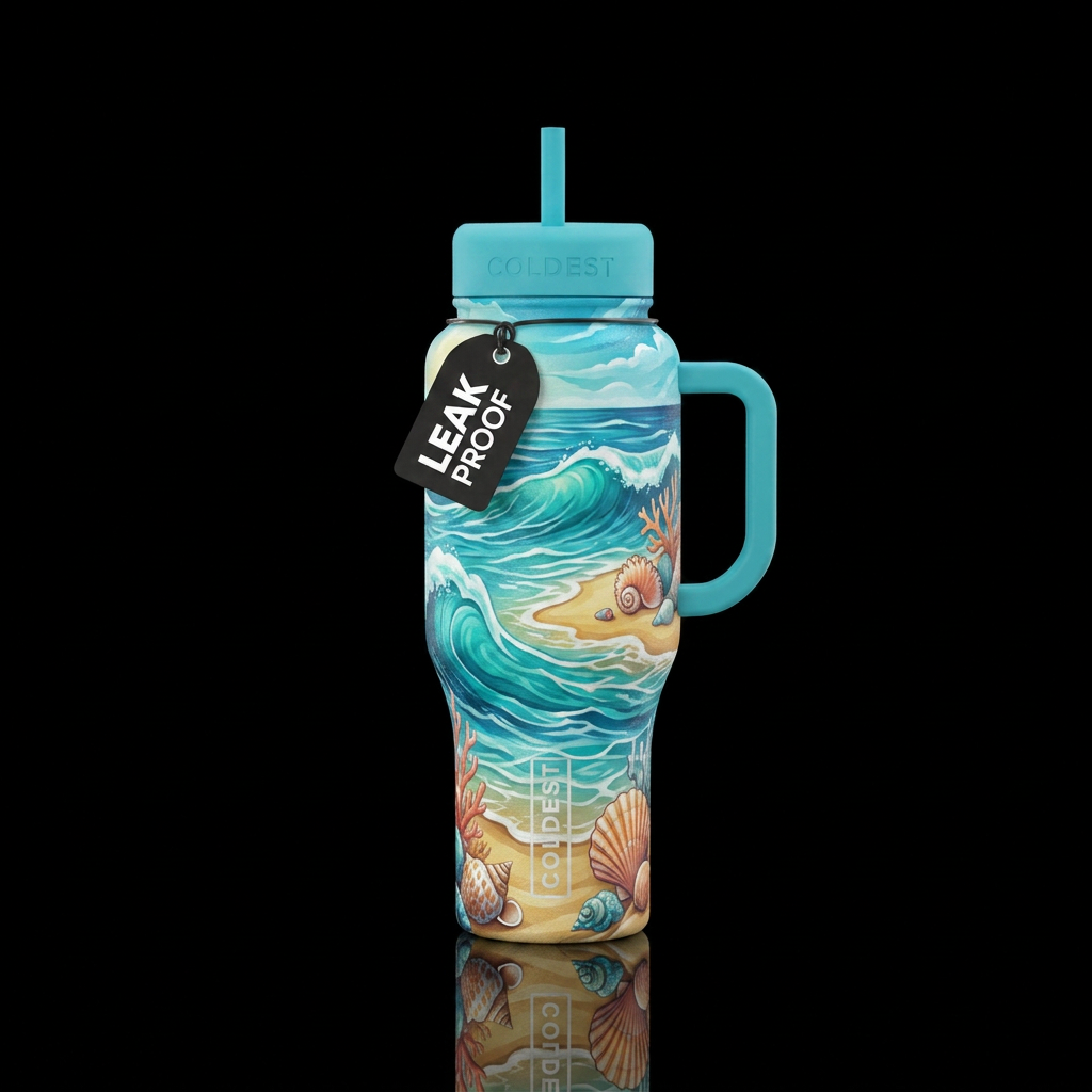 Ocean, beach, waves, shells water bottle design