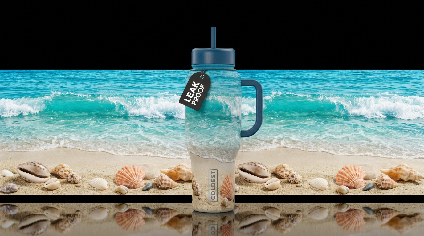 Ocean, beach, waves, shells water bottle design