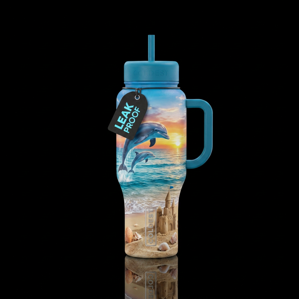 Dolphins, ocean, beach, sand castle, shells water bottle design