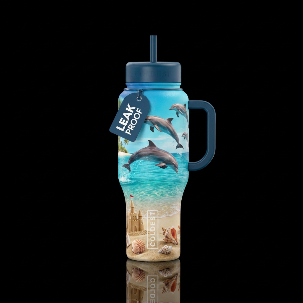 Dolphins, ocean, beach, sand castle, shells water bottle design