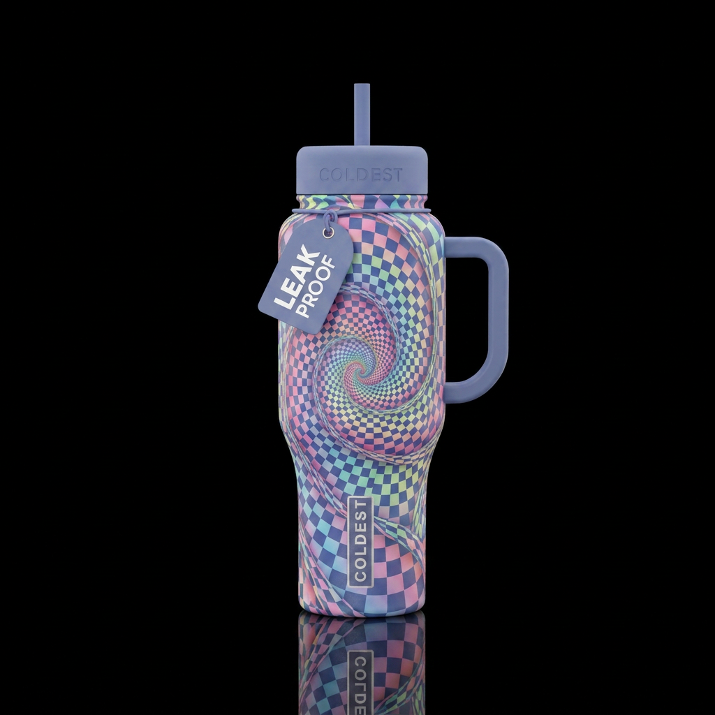 Checkered, spiral, rainbow, pastel water bottle design